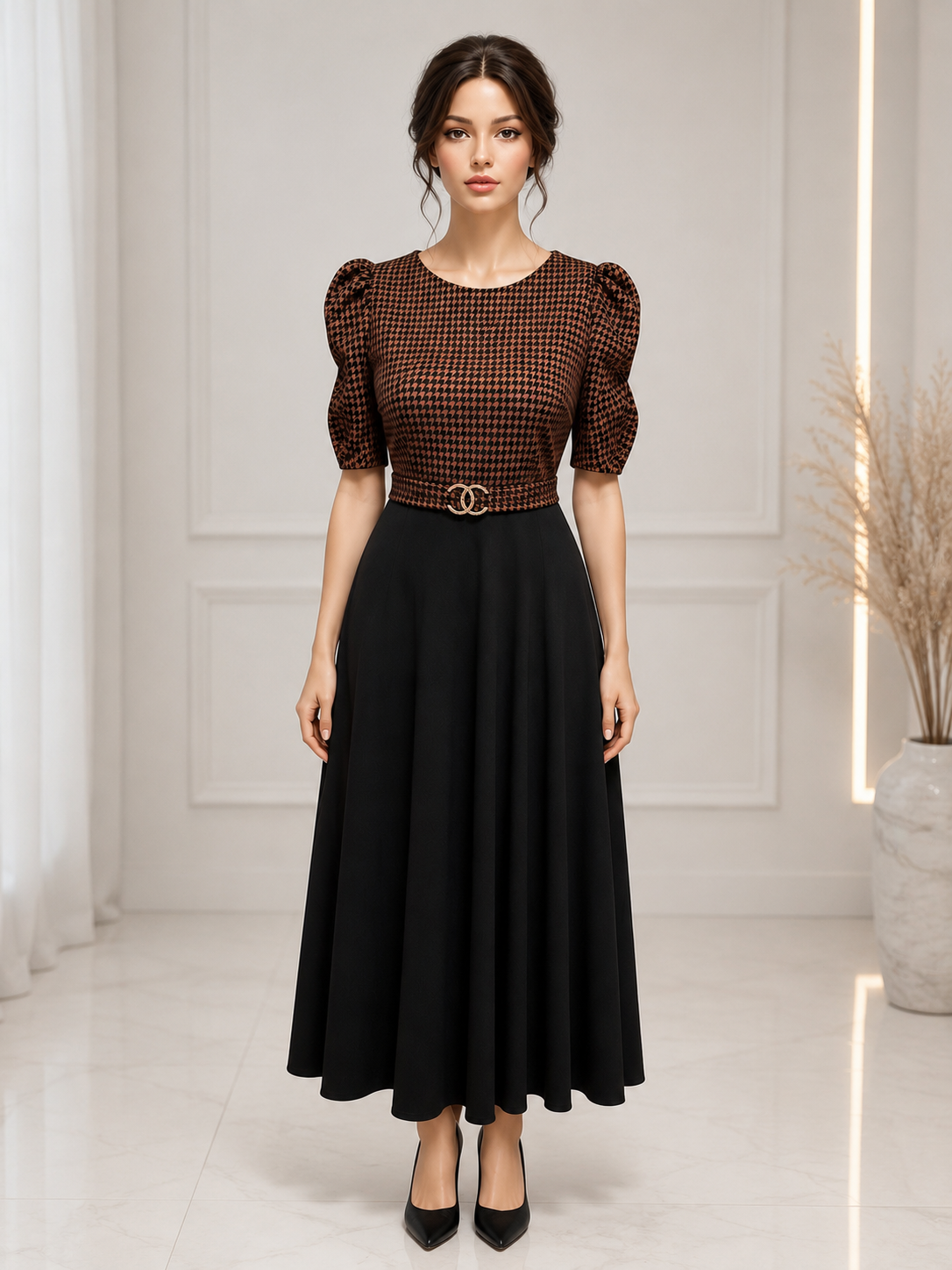 Vestido Midi Elegante con Estampado Café y Falda Negra