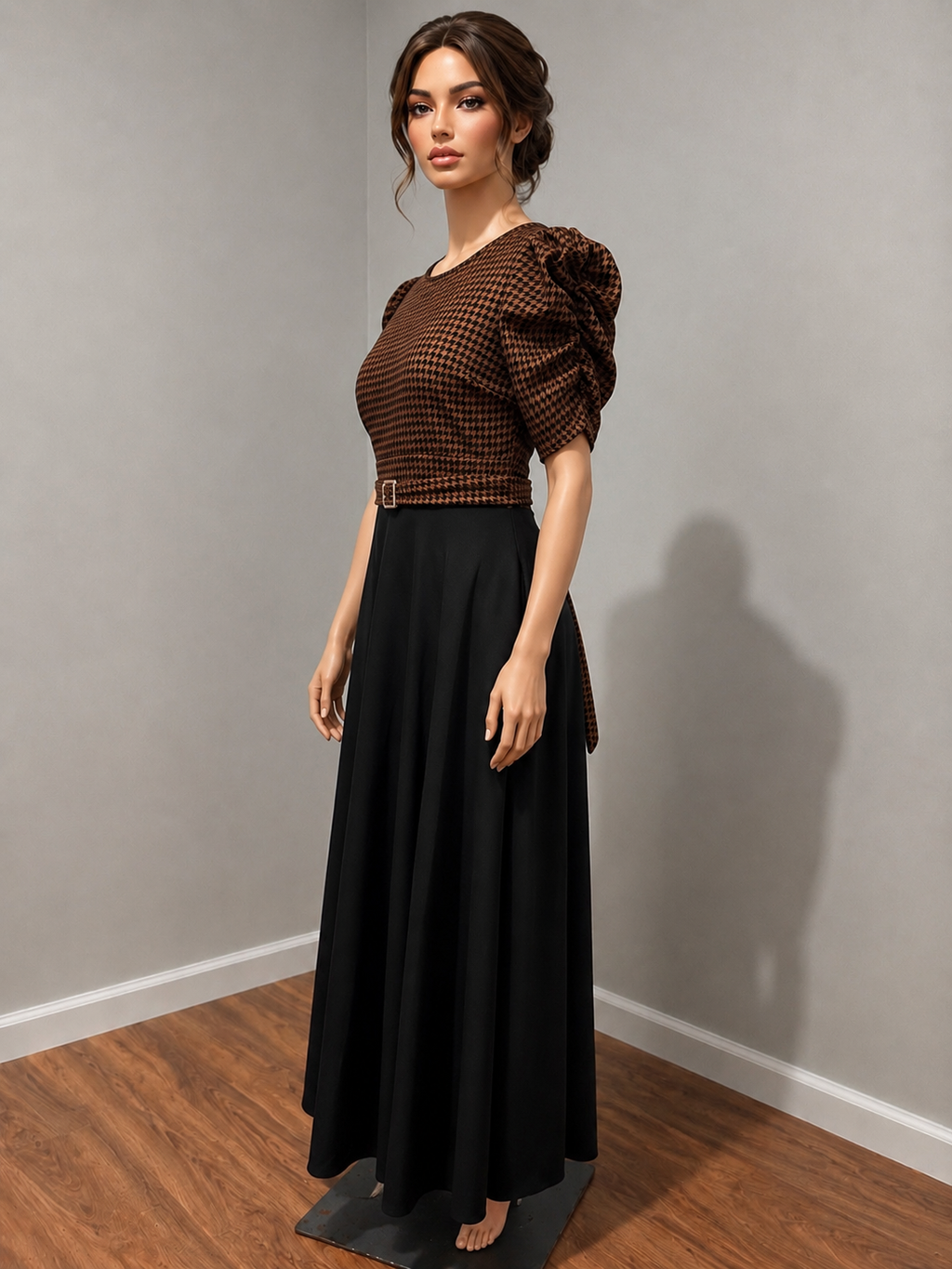 Vestido Midi Elegante con Estampado Café y Falda Negra