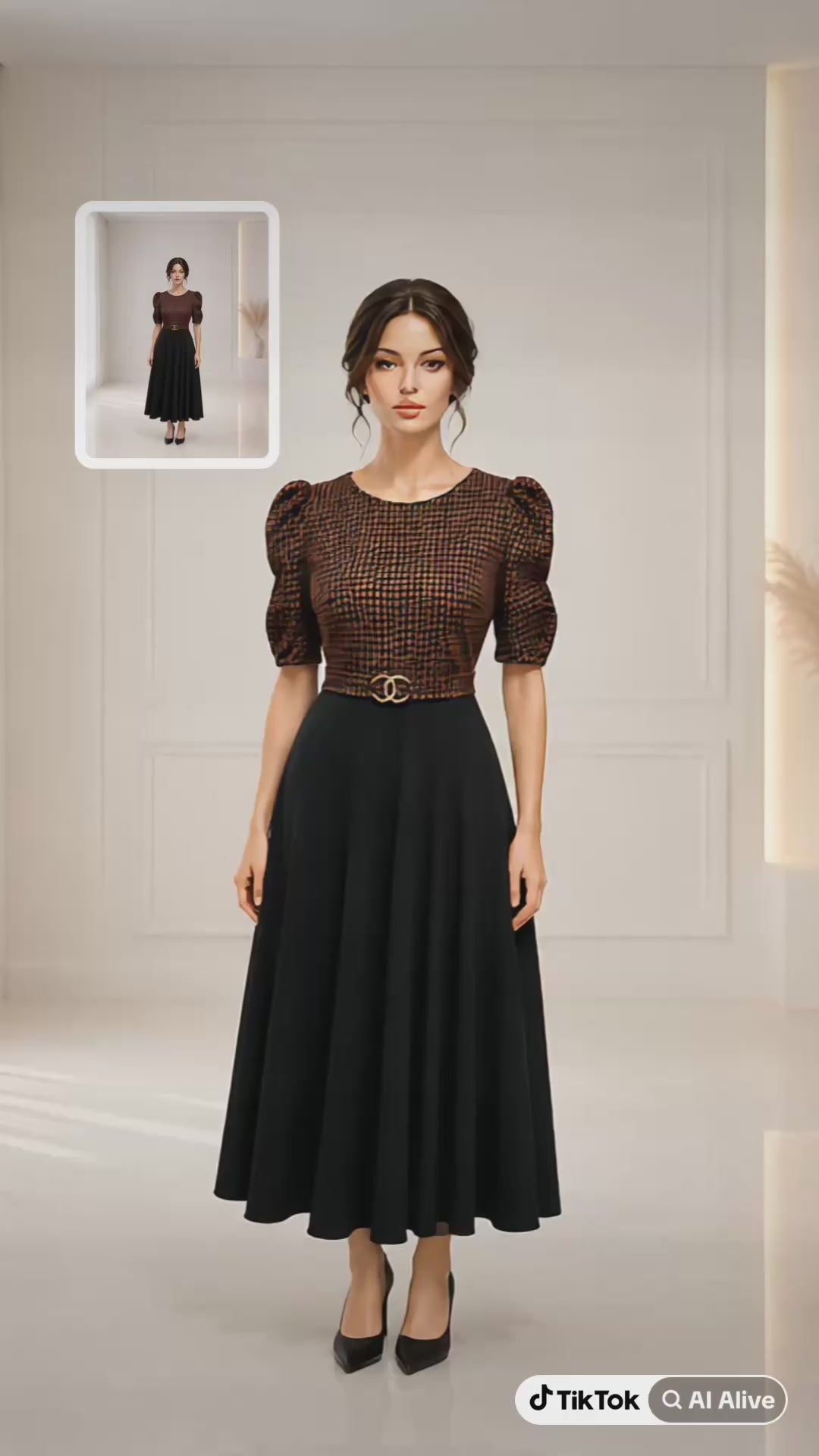 Vestido Midi Elegante con Estampado Café y Falda Negra